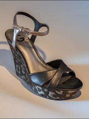 NWOT G by Guess Metallic Pewter and Black "Debbra" Leopard Wedge Sandals Size 8